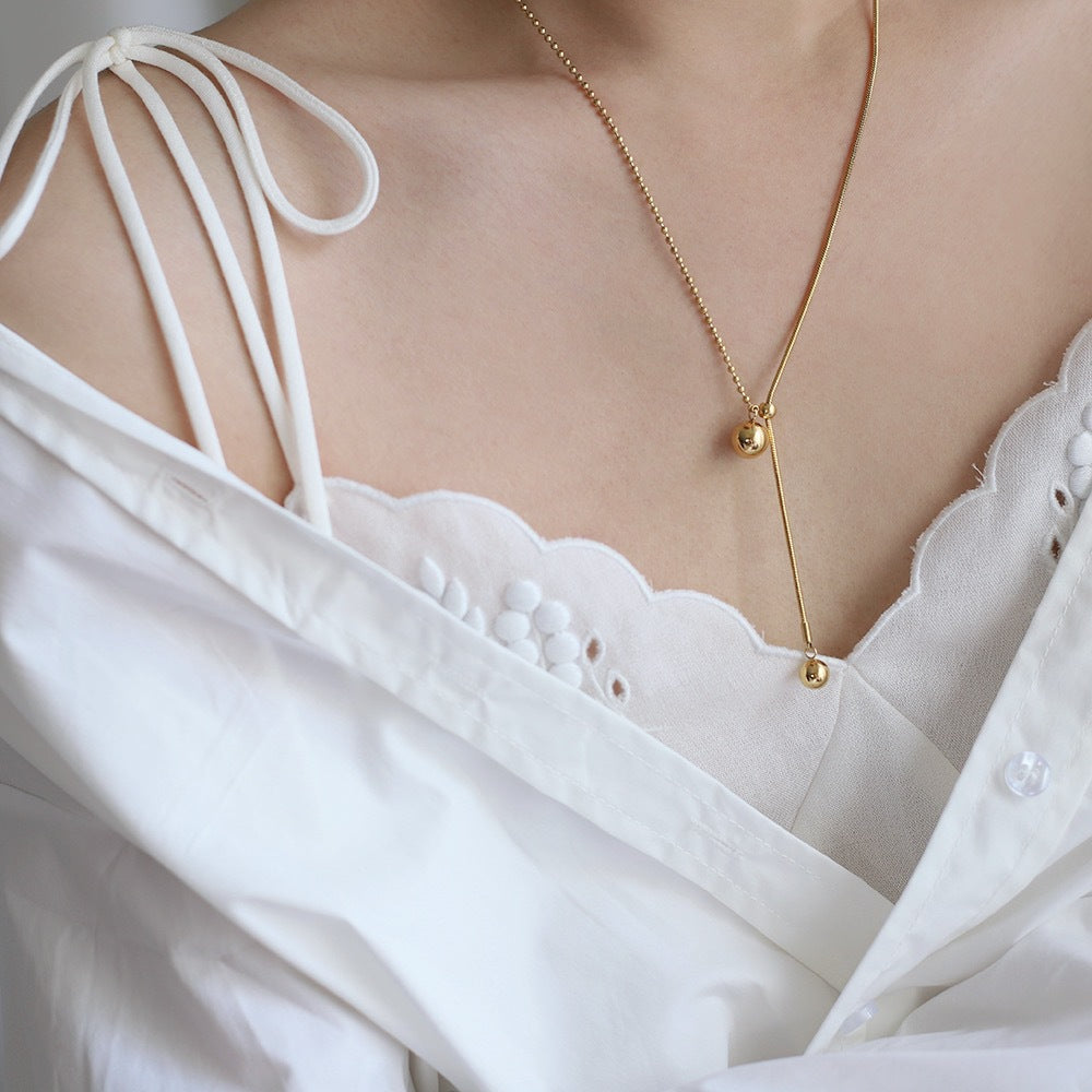 Sliding Ball Bead Y Drop Necklace - Gold - 6