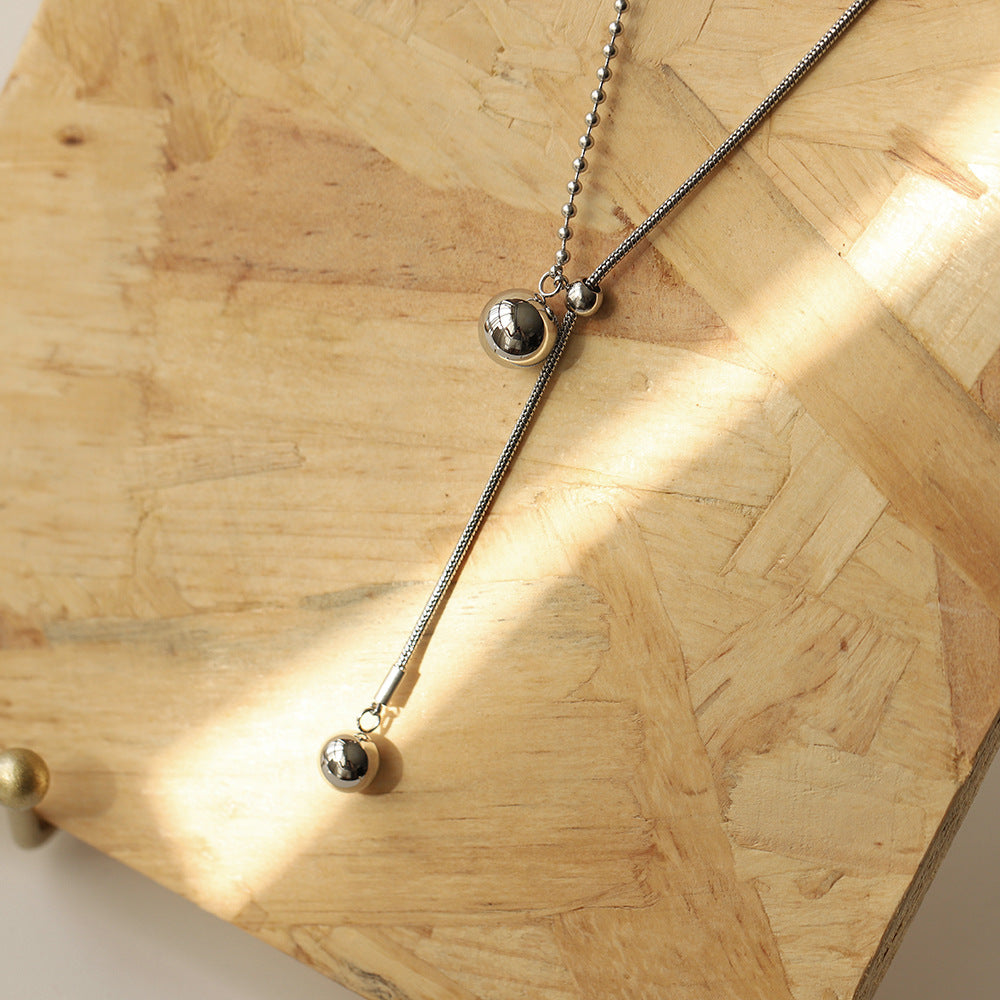 Sliding Ball Bead Y Drop Necklace - Silvery - 4