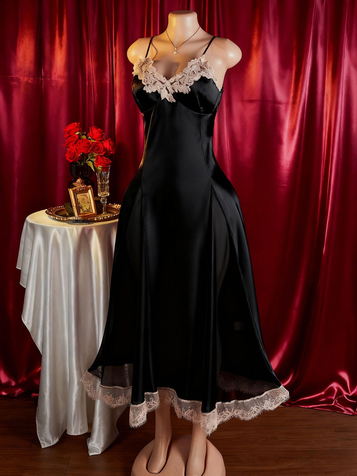 Scalloped Lace Trim Satin Maxi Nightgown - Black - 1
