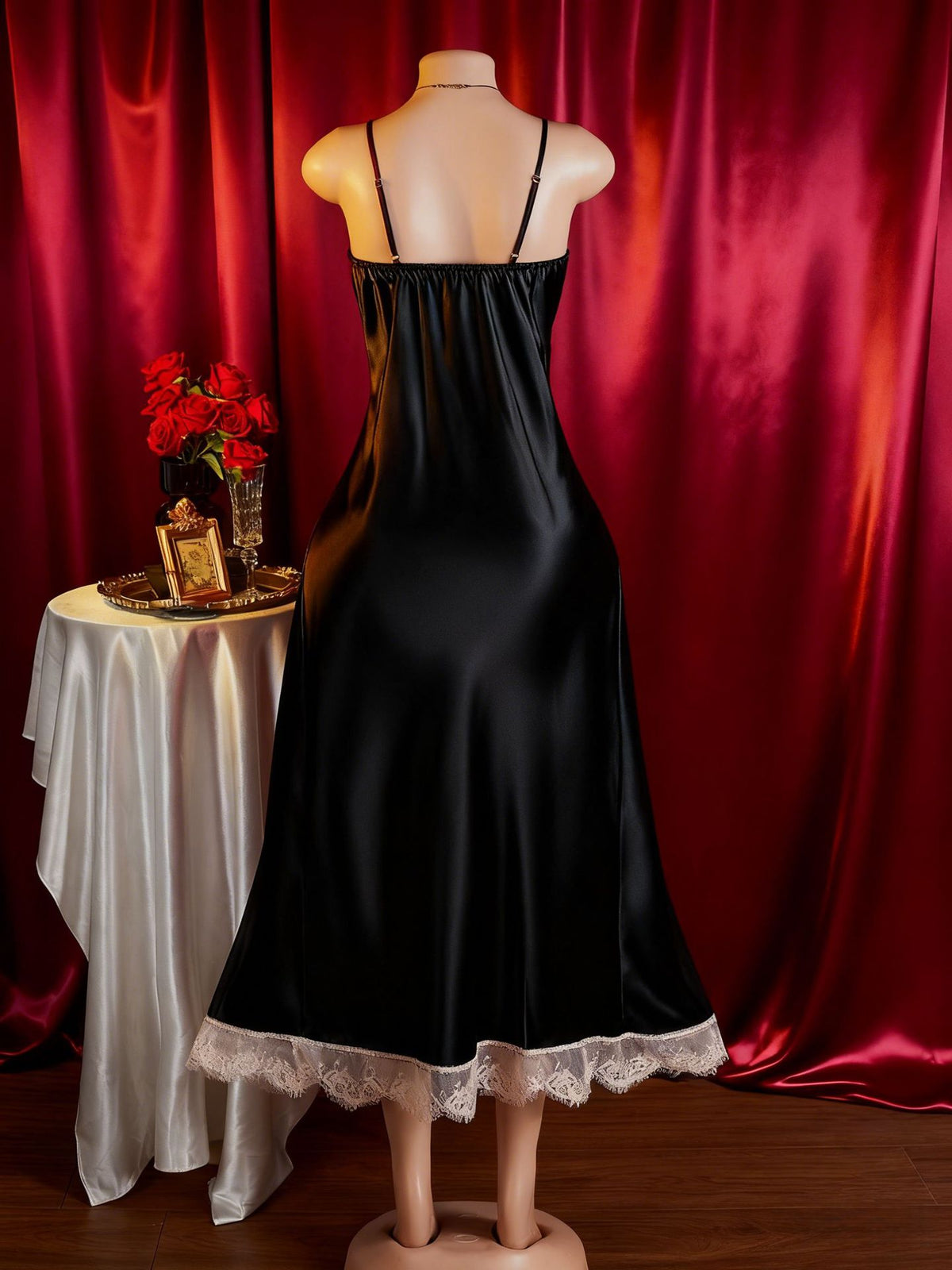 Scalloped Lace Trim Satin Maxi Nightgown - Black - 3
