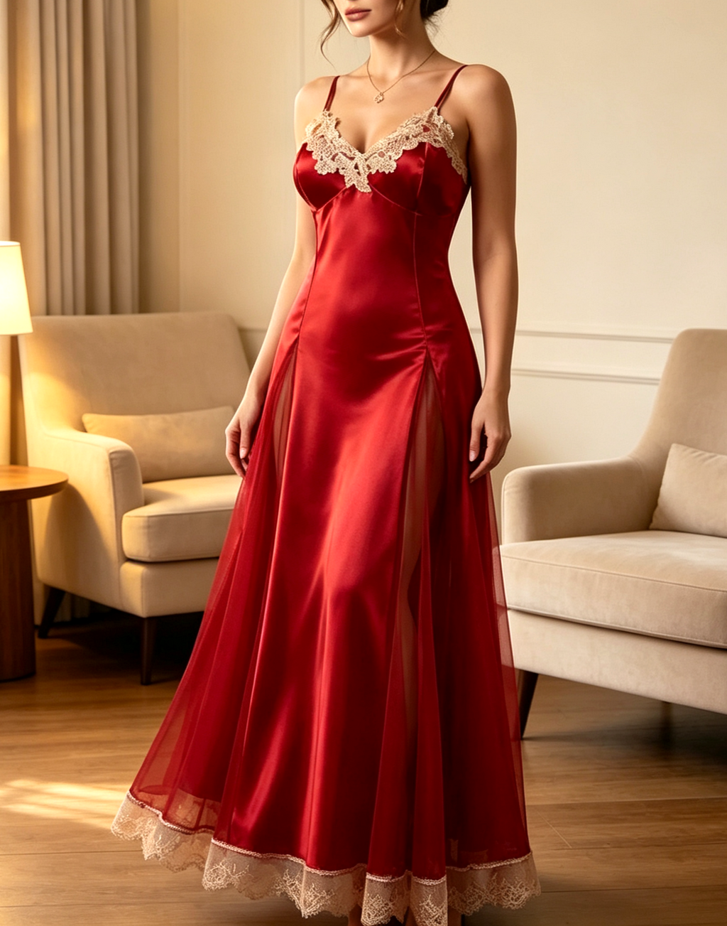 Scalloped Lace Trim Satin Maxi Nightgown - Red