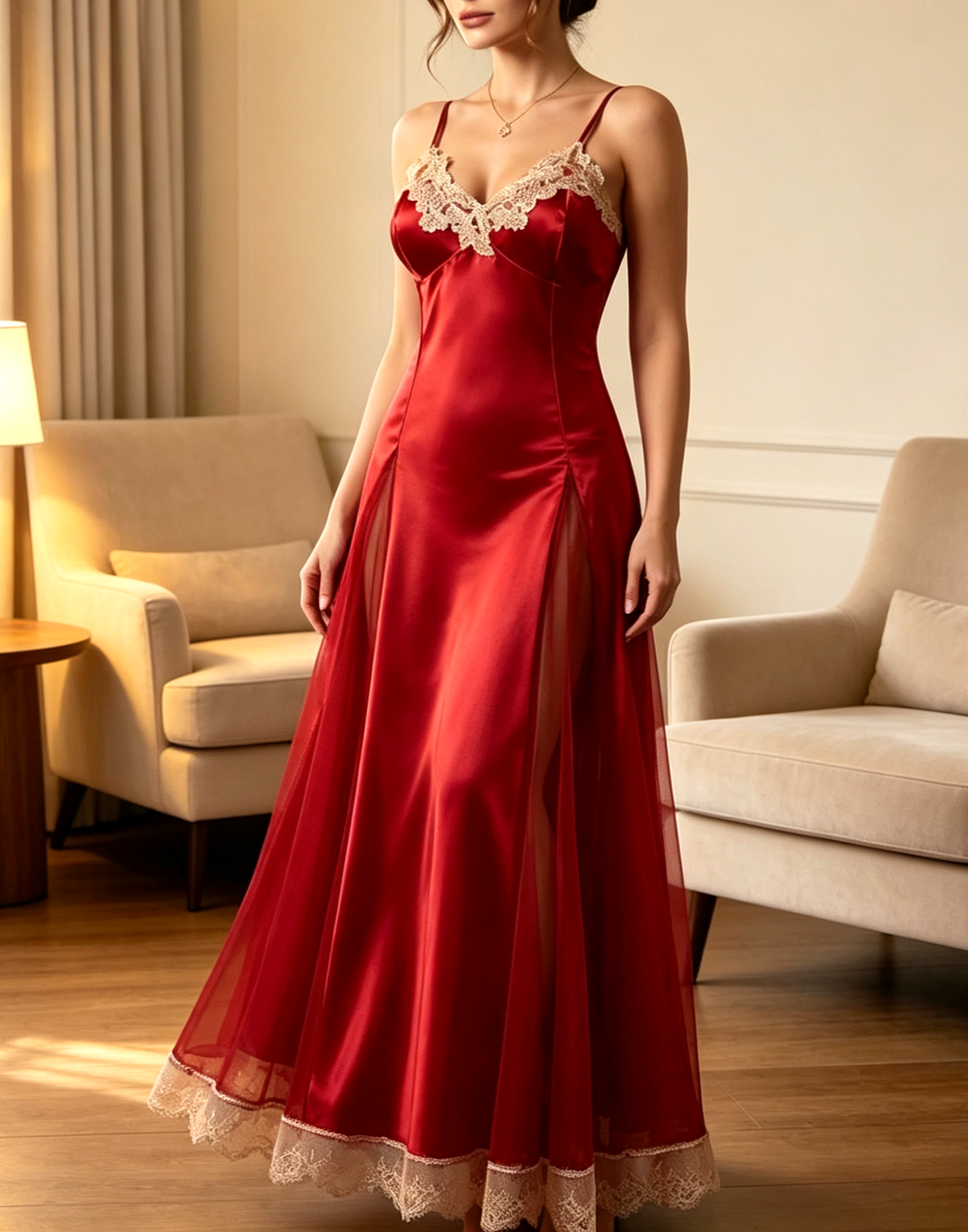 Scalloped Lace Trim Satin Maxi Nightgown - Red