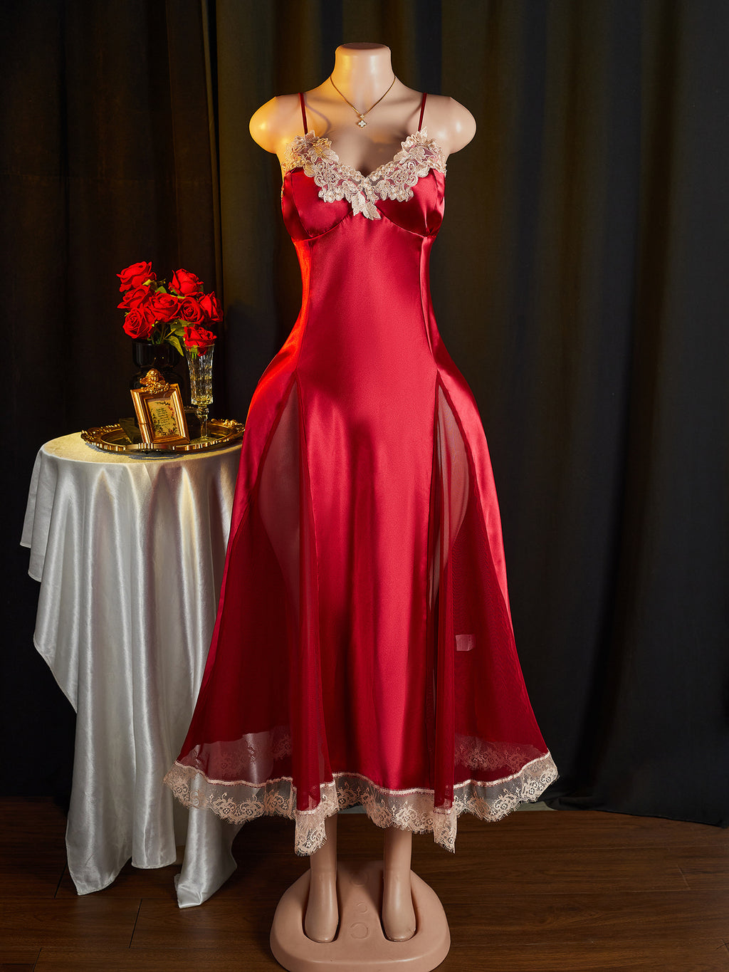 Scalloped Lace Trim Satin Maxi Nightgown - Red - 1