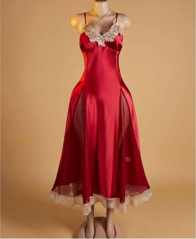 Scalloped Lace Trim Satin Maxi Nightgown - Red - 11