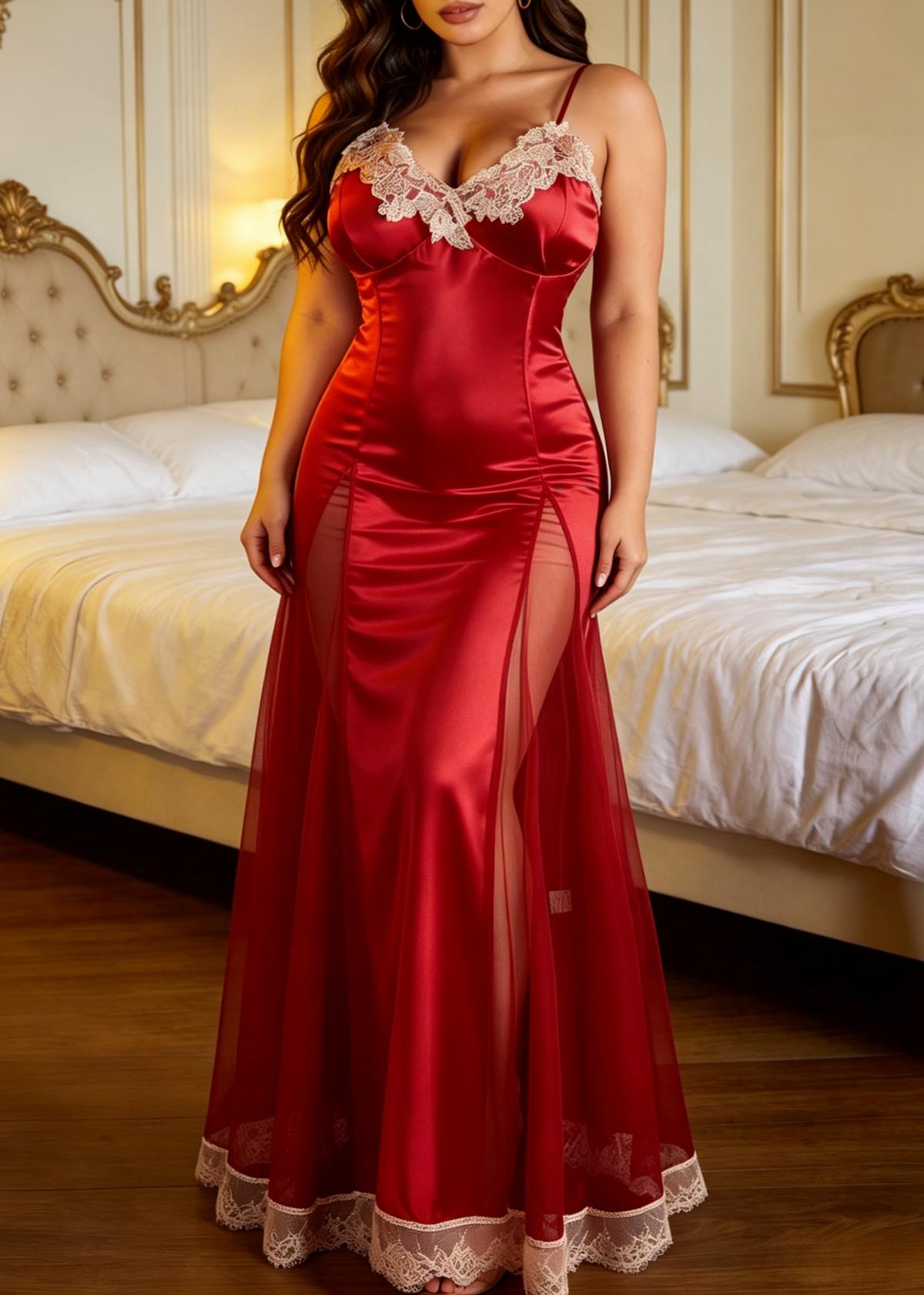 Scalloped Lace Trim Satin Maxi Nightgown - Red - 3