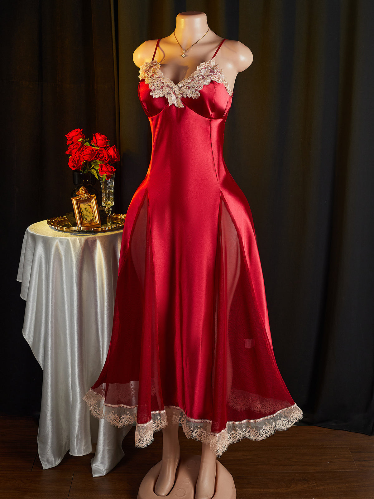 Scalloped Lace Trim Satin Maxi Nightgown - Red - 5