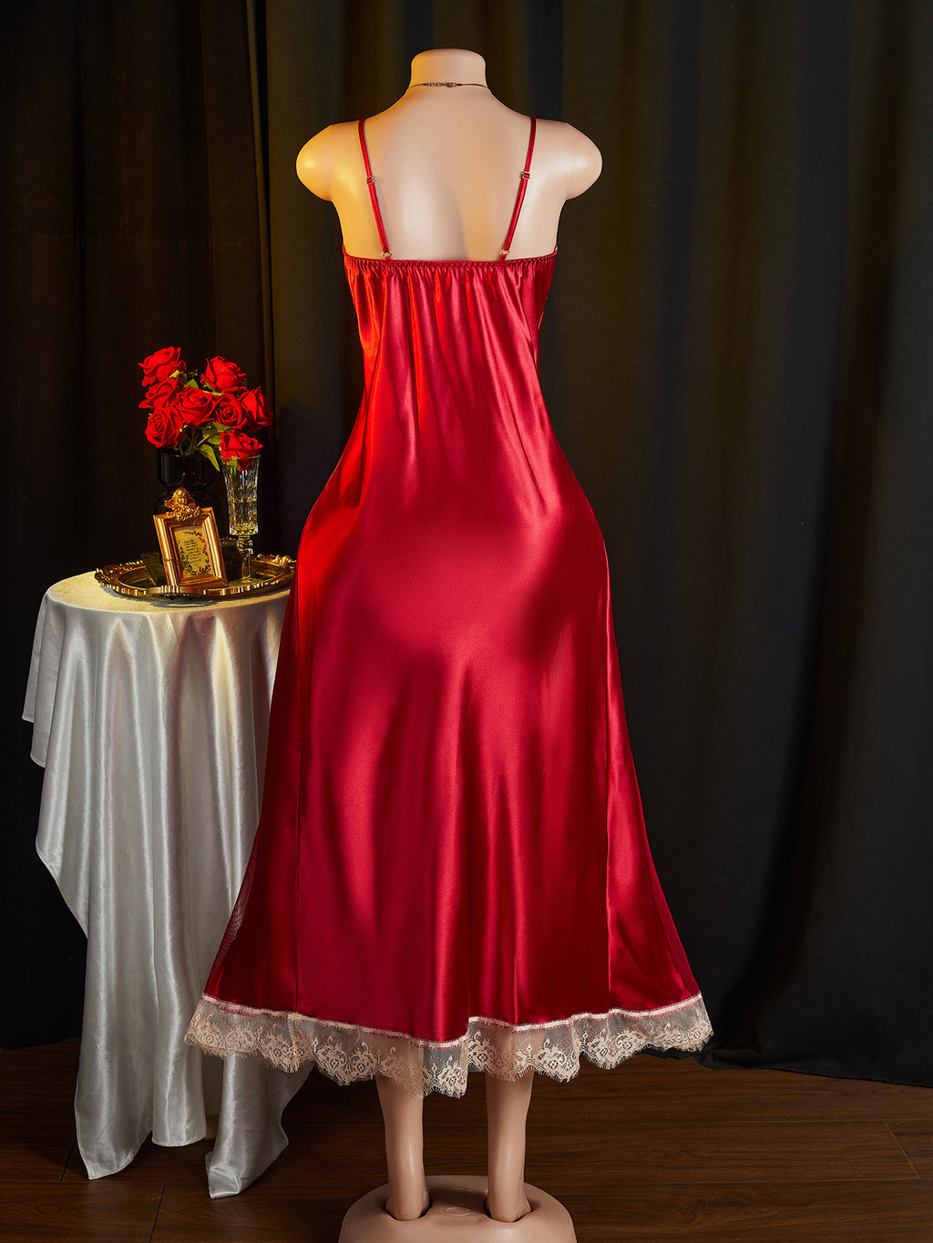 Scalloped Lace Trim Satin Maxi Nightgown - Red - 6