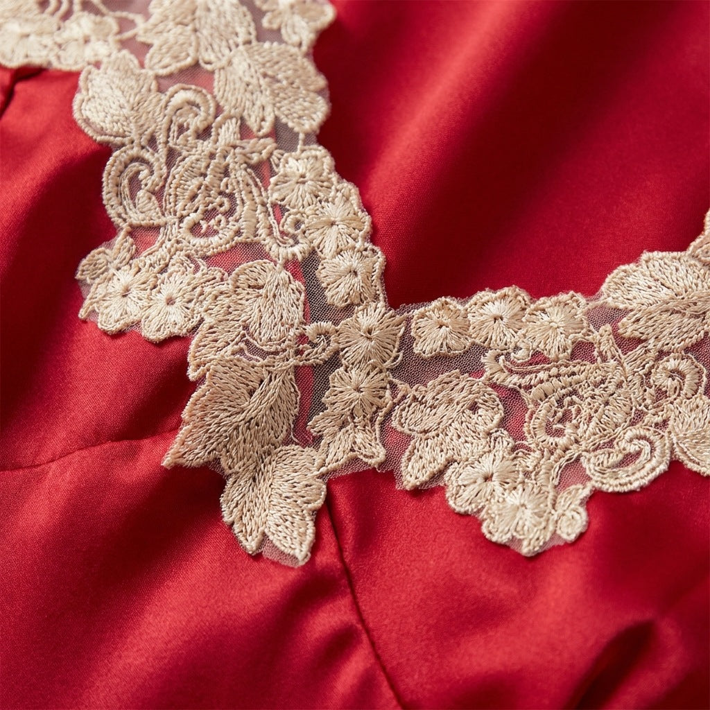 Scalloped Lace Trim Satin Maxi Nightgown - Red - 8