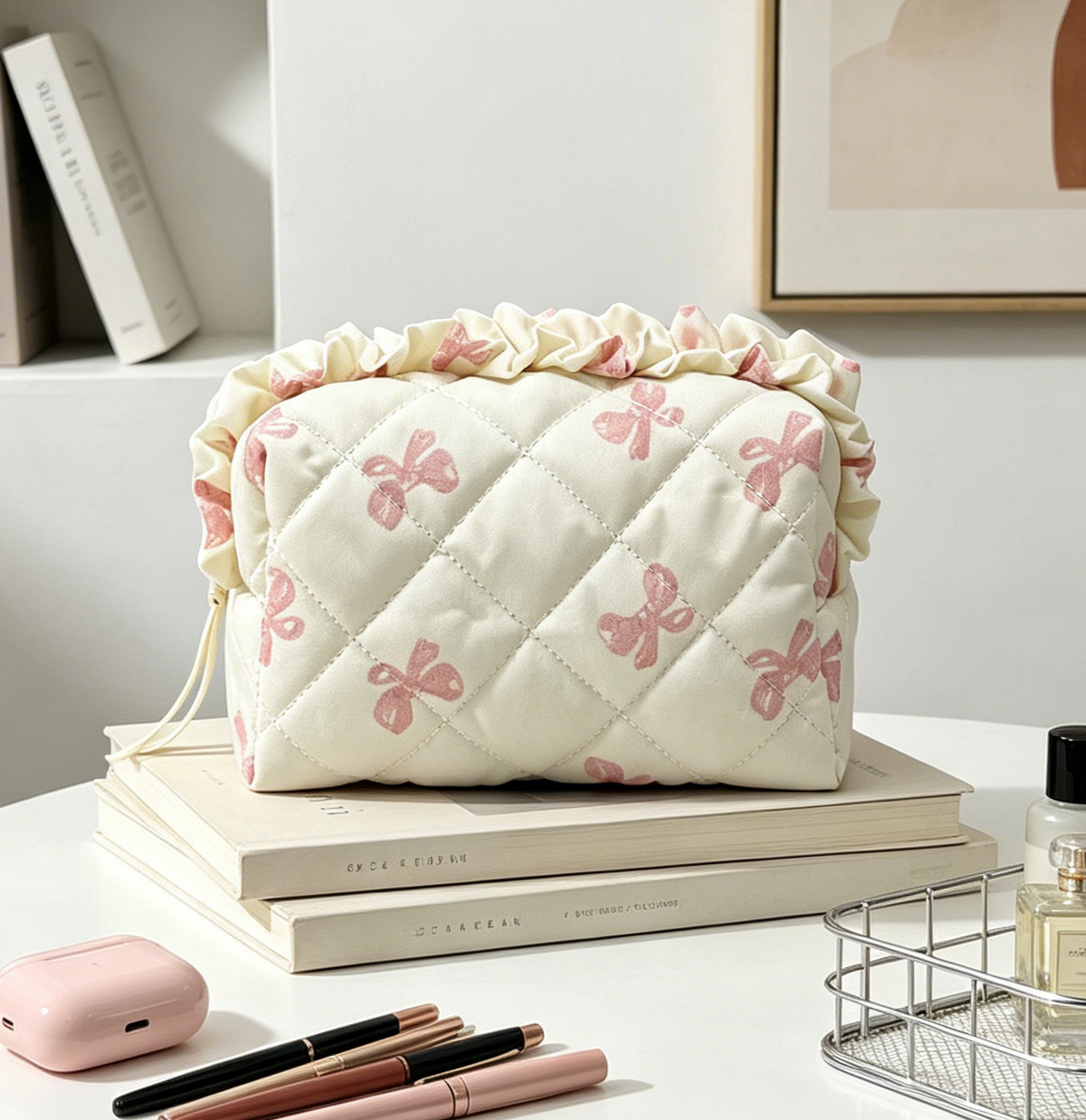 Ruffle Trim Padded Makeup Bag With Ribbon Ties - Bow