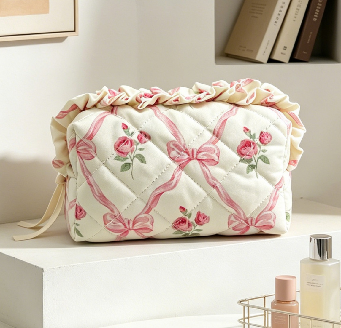 Ruffle Trim Padded Makeup Bag With Ribbon Ties - Rose