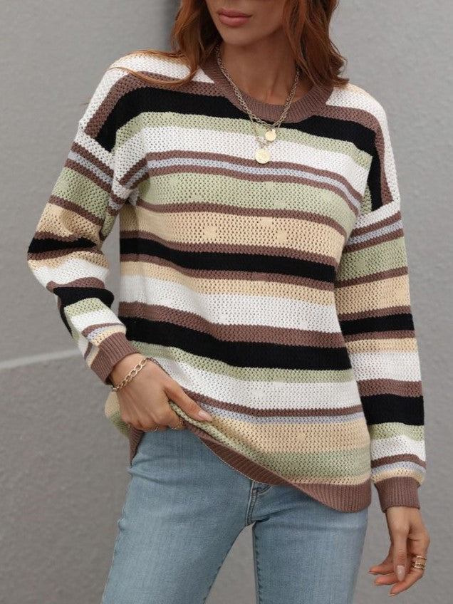 Multi Stripe Open Knit Crewneck Sweater - Coffee - 1