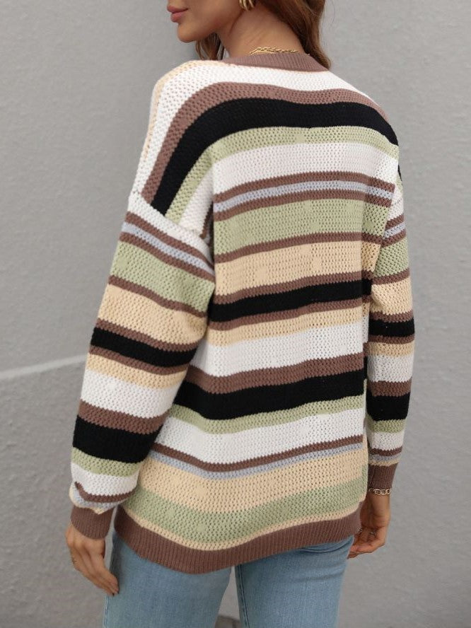 Multi Stripe Open Knit Crewneck Sweater - Coffee - 2