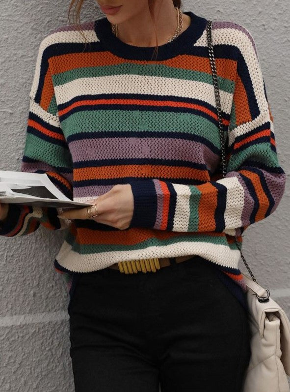 Multi Stripe Open Knit Crewneck Sweater - Darkblue - 3