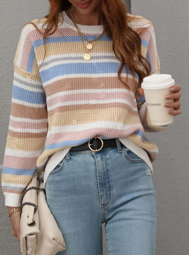 Multi Stripe Open Knit Crewneck Sweater - White