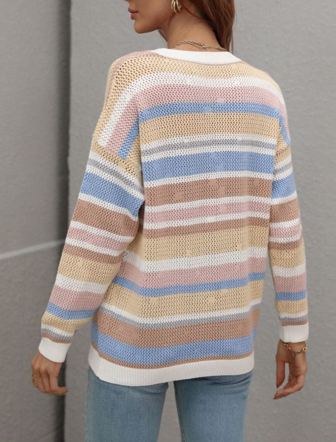 Multi Stripe Open Knit Crewneck Sweater - White - 1