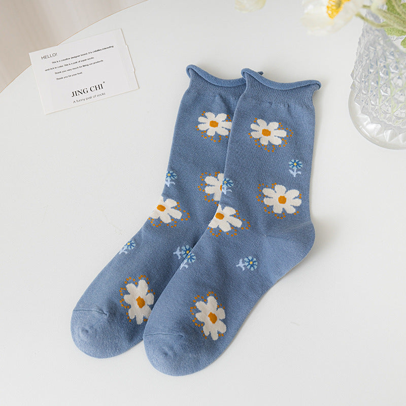 Floral Embroidered Cotton Crew Socks - Blue