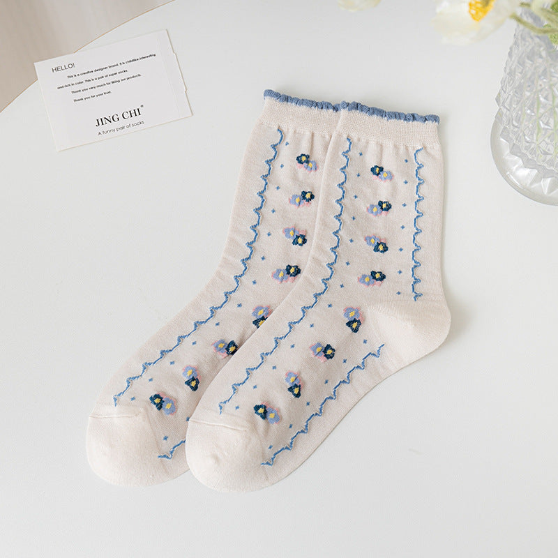 Floral Embroidered Cotton Crew Socks - Flowers