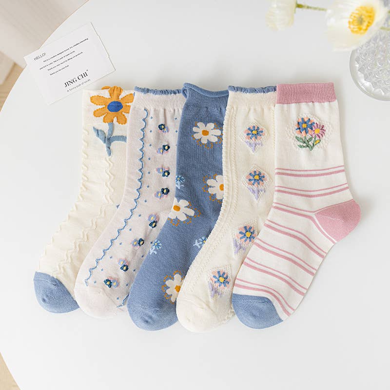 Floral Embroidered Cotton Crew Socks