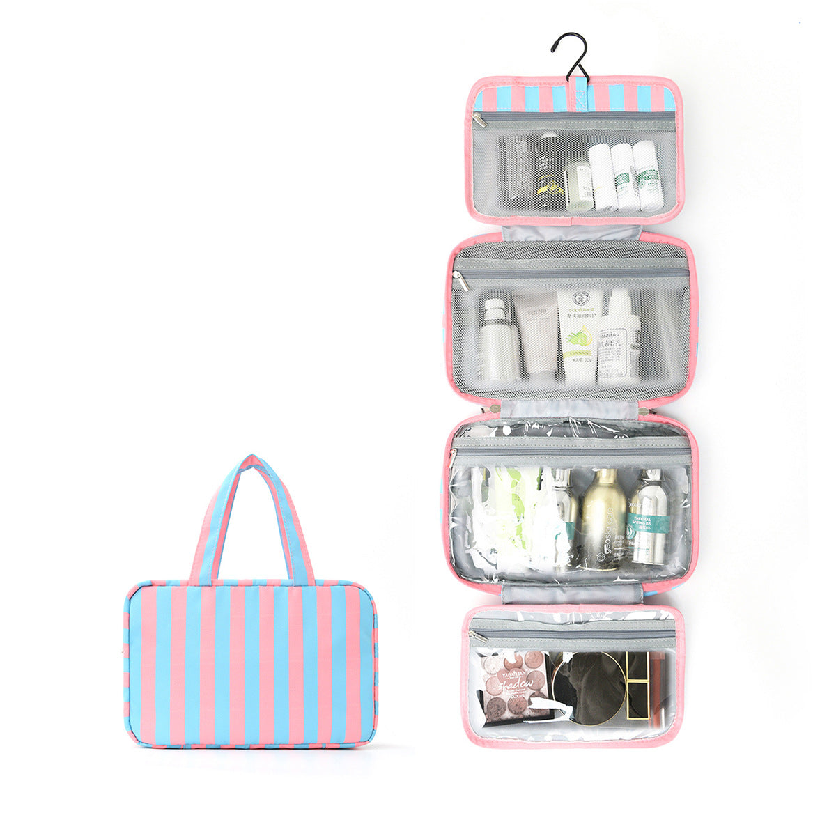 Foldable 4-Tier Hanging Travel Toiletry Organizer - Blue Pink