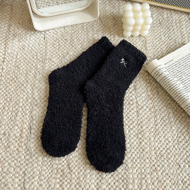 Fluffy Fleece Crew Socks With Bow - Black