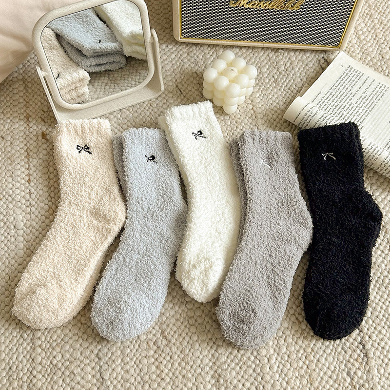 Fluffy Fleece Crew Socks With Bow - BlueGrey