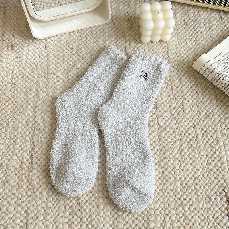 Fluffy Fleece Crew Socks With Bow - BlueGrey - 1