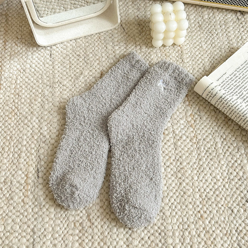 Fluffy Fleece Crew Socks With Bow - Gray