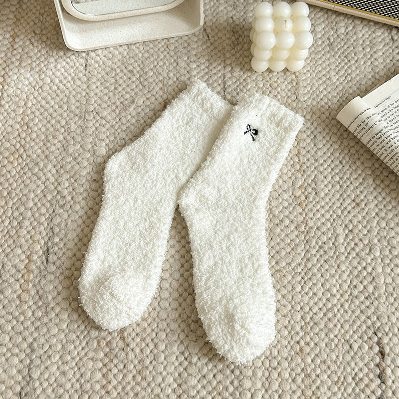 Fluffy Fleece Crew Socks With Bow - White