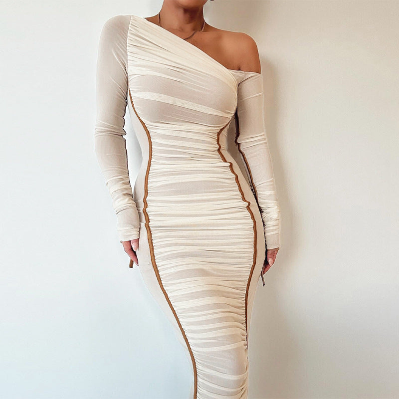 Ruched Mesh One Shoulder Midi Dress - Apricot