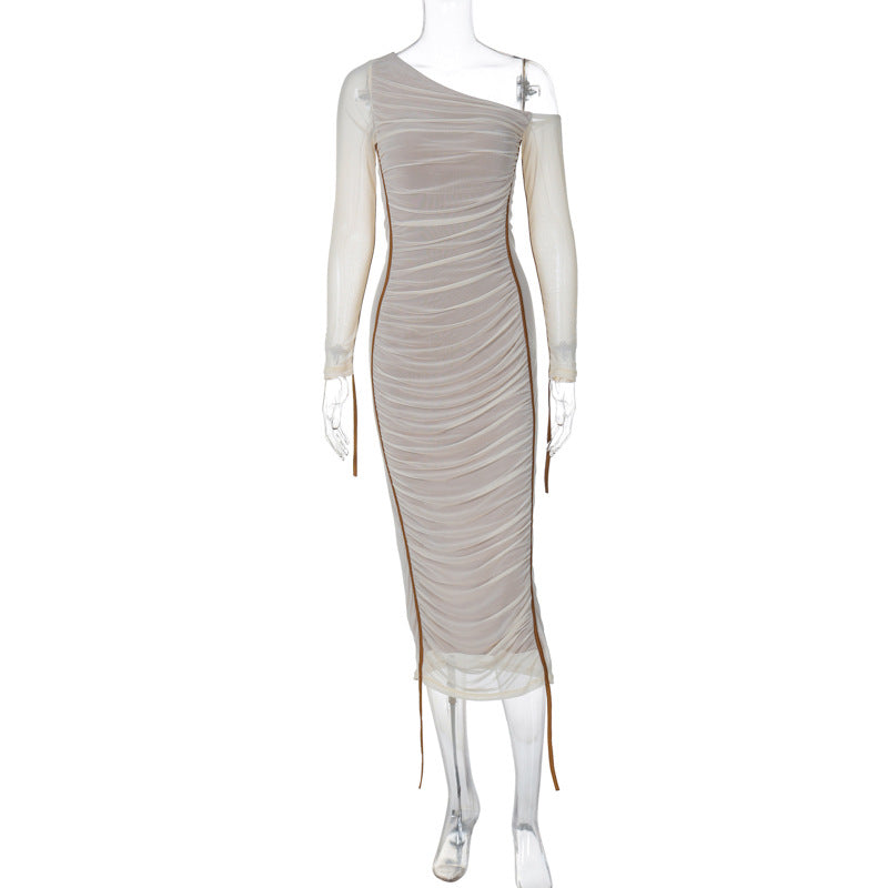 Ruched Mesh One Shoulder Midi Dress - Apricot - 1