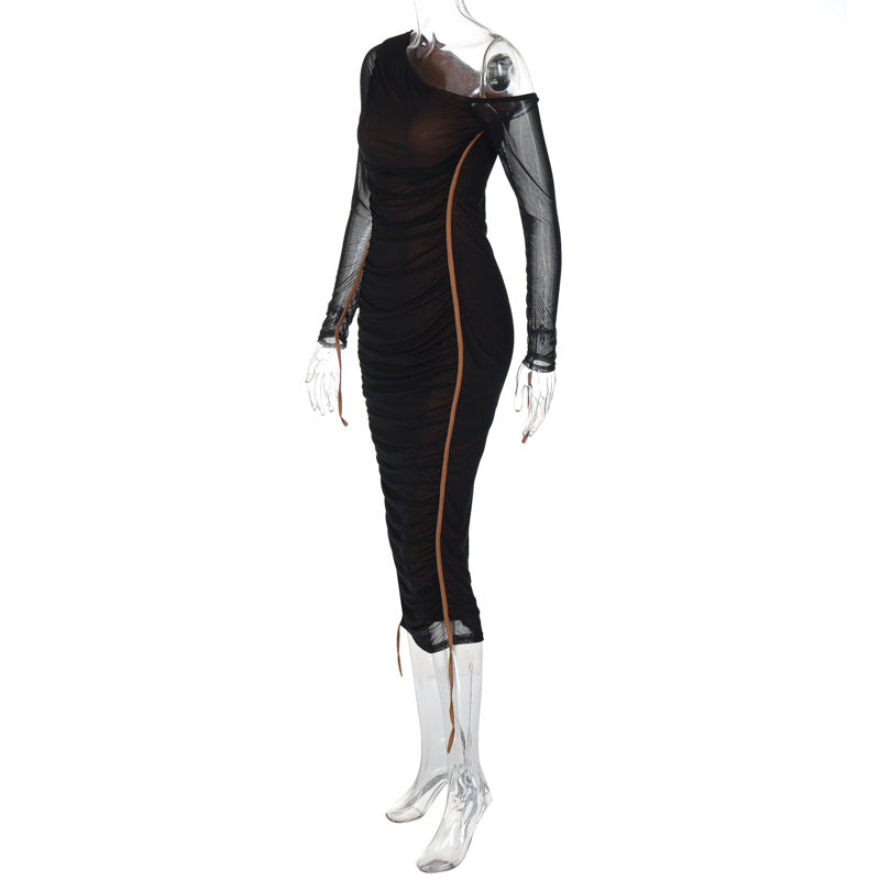 Ruched Mesh One Shoulder Midi Dress - Black - 2