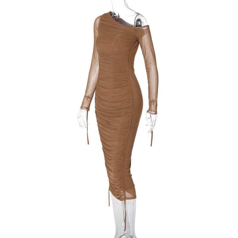 Ruched Mesh One Shoulder Midi Dress - Brown