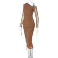 Ruched Mesh One Shoulder Midi Dress - Brown