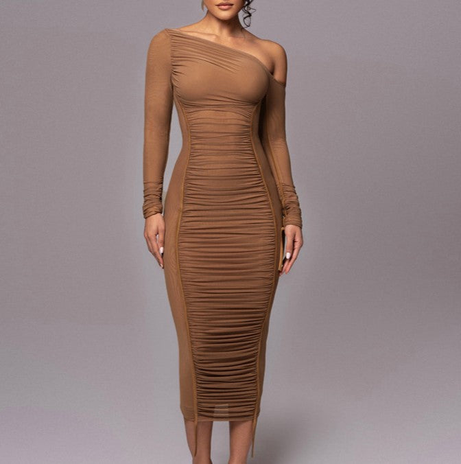 Ruched Mesh One Shoulder Midi Dress - Brown - 1