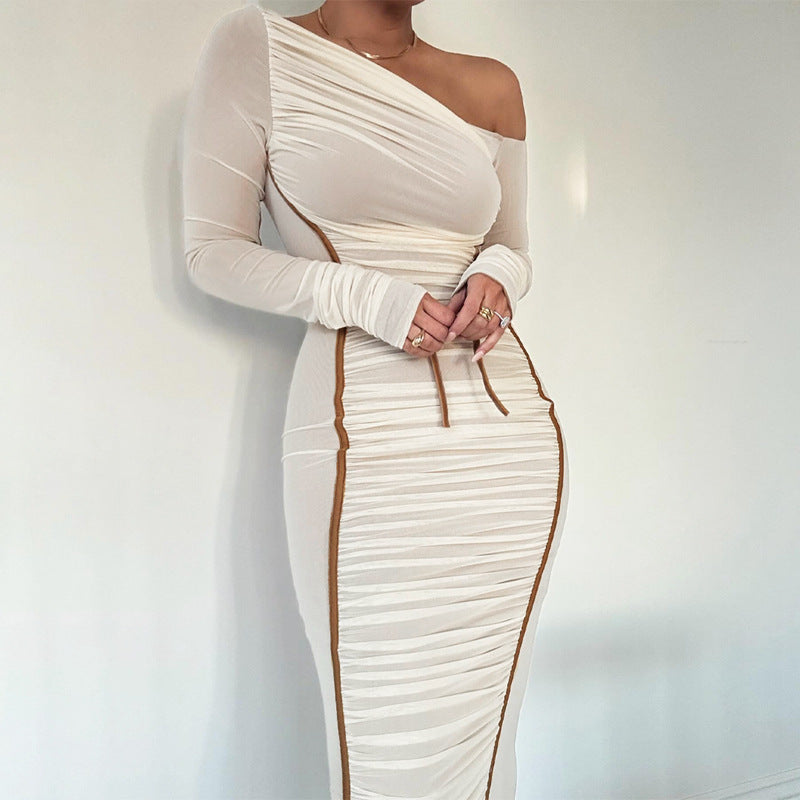 Ruched Mesh One Shoulder Midi Dress