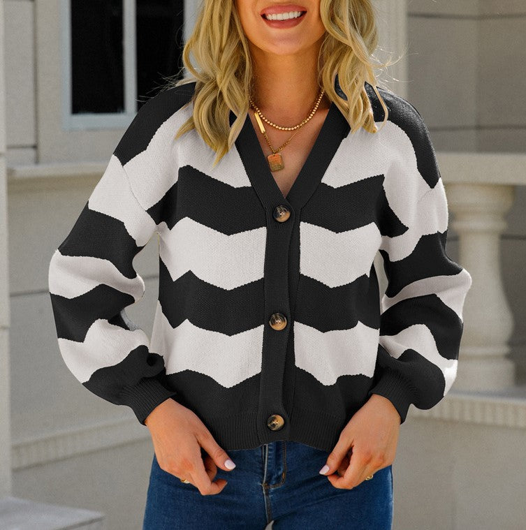 Wavy Stripe V-Neck Balloon Sleeve Cardigan - Black