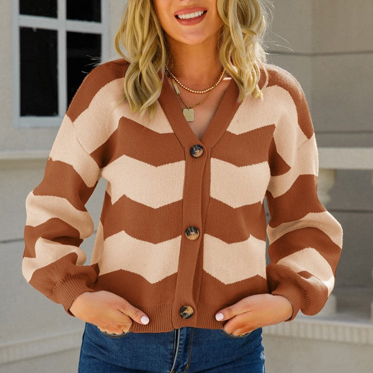 Wavy Stripe V-Neck Balloon Sleeve Cardigan - Brown - 1