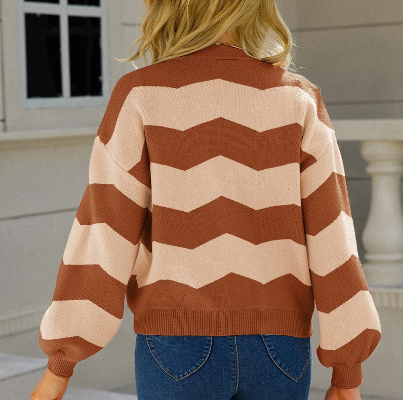 Wavy Stripe V-Neck Balloon Sleeve Cardigan - Brown - 2