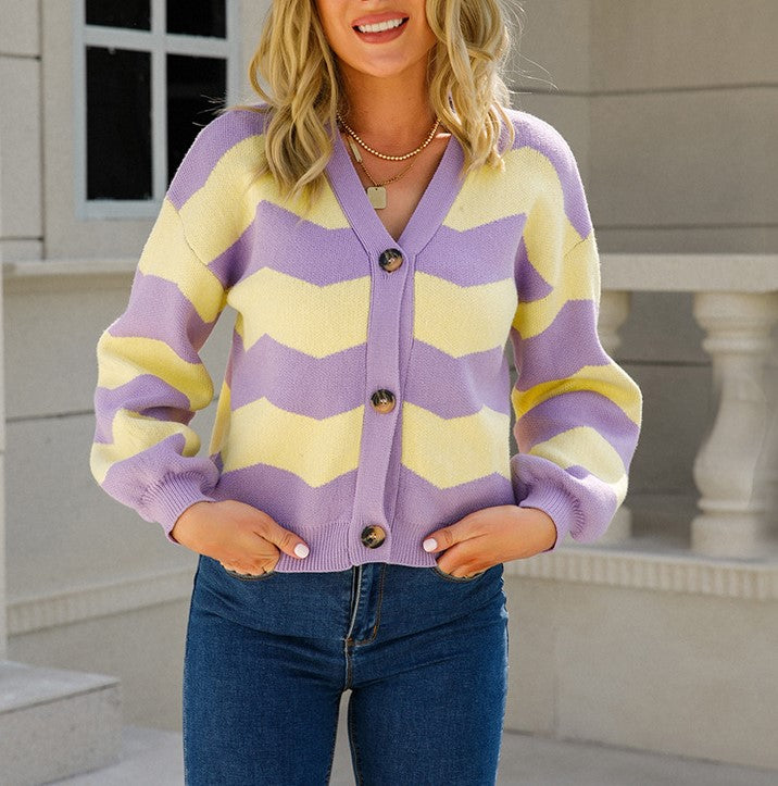 Wavy Stripe V-Neck Balloon Sleeve Cardigan - Purple - 1