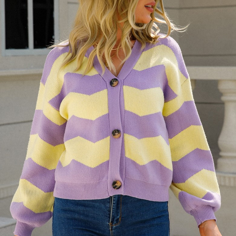Wavy Stripe V-Neck Balloon Sleeve Cardigan - Purple - 2