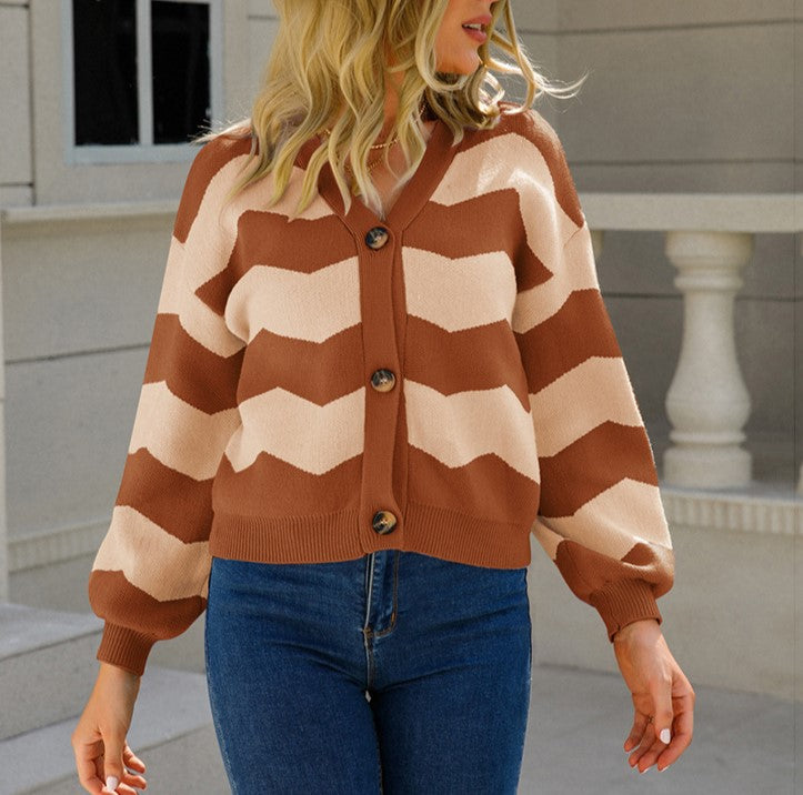Wavy Stripe V-Neck Balloon Sleeve Cardigan