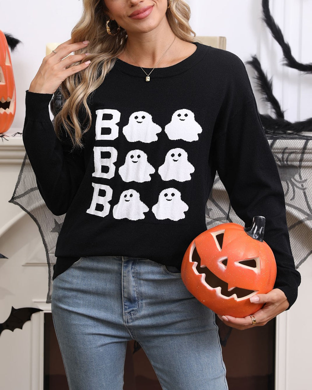 Boo Ghost Graphic Knit Halloween Sweater - Black