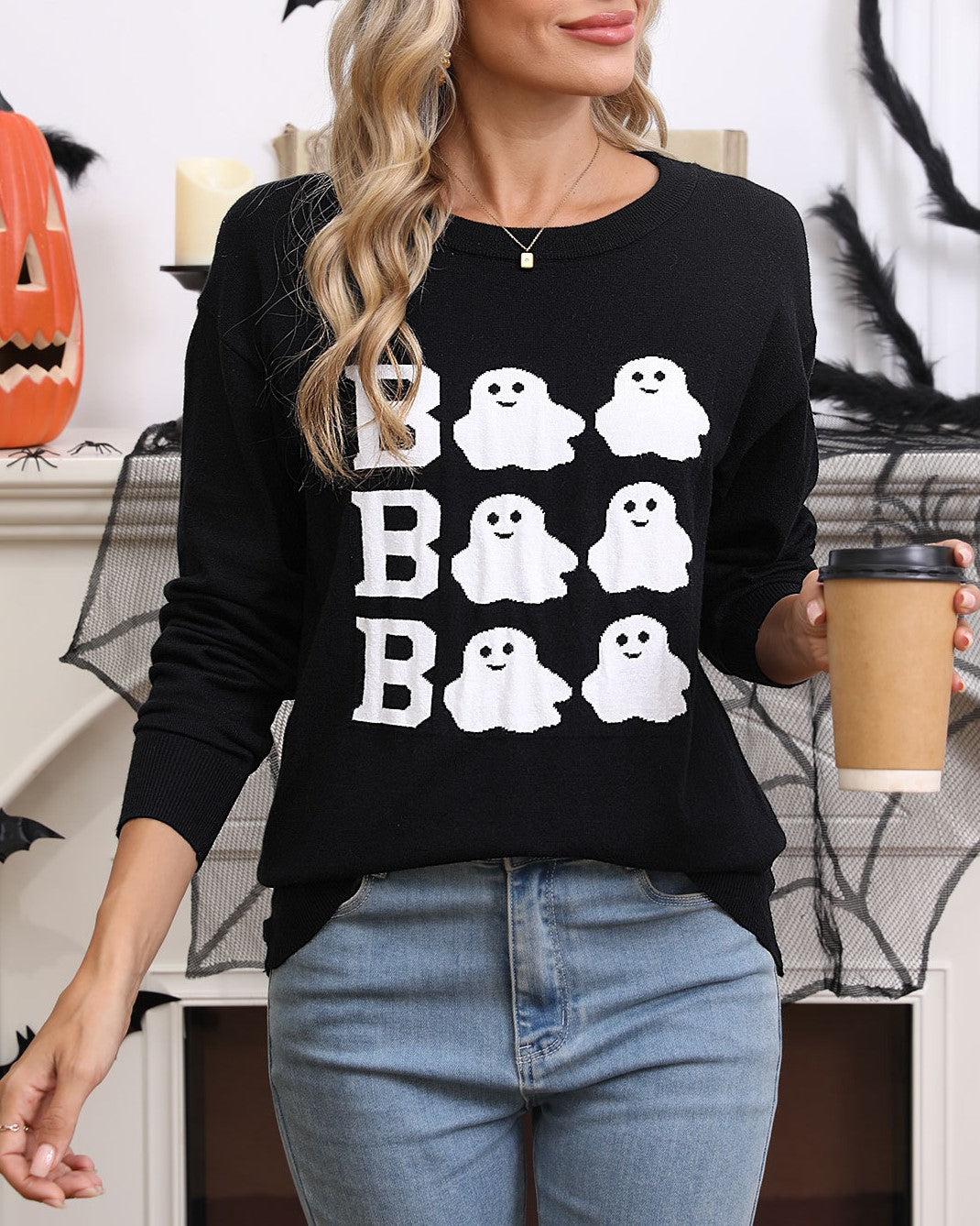 Boo Ghost Graphic Knit Halloween Sweater - Black - 3