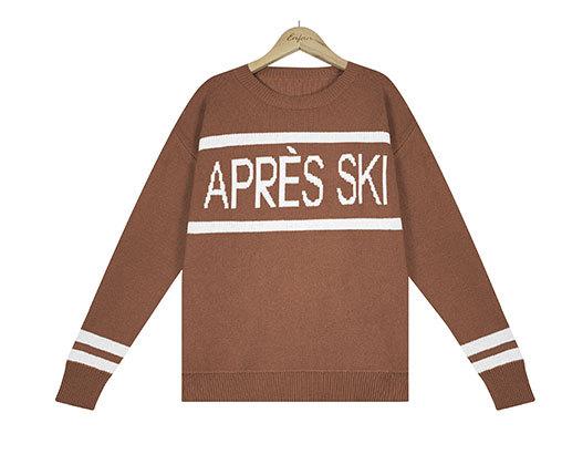Apres Ski Letter Jacquard Crewneck Sweater - Coffee - 1