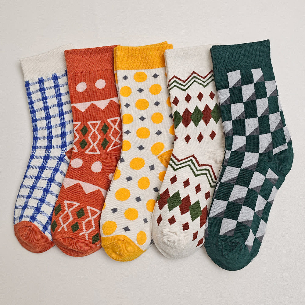 Mixed Geometric Pattern Crew Socks - DkGreen