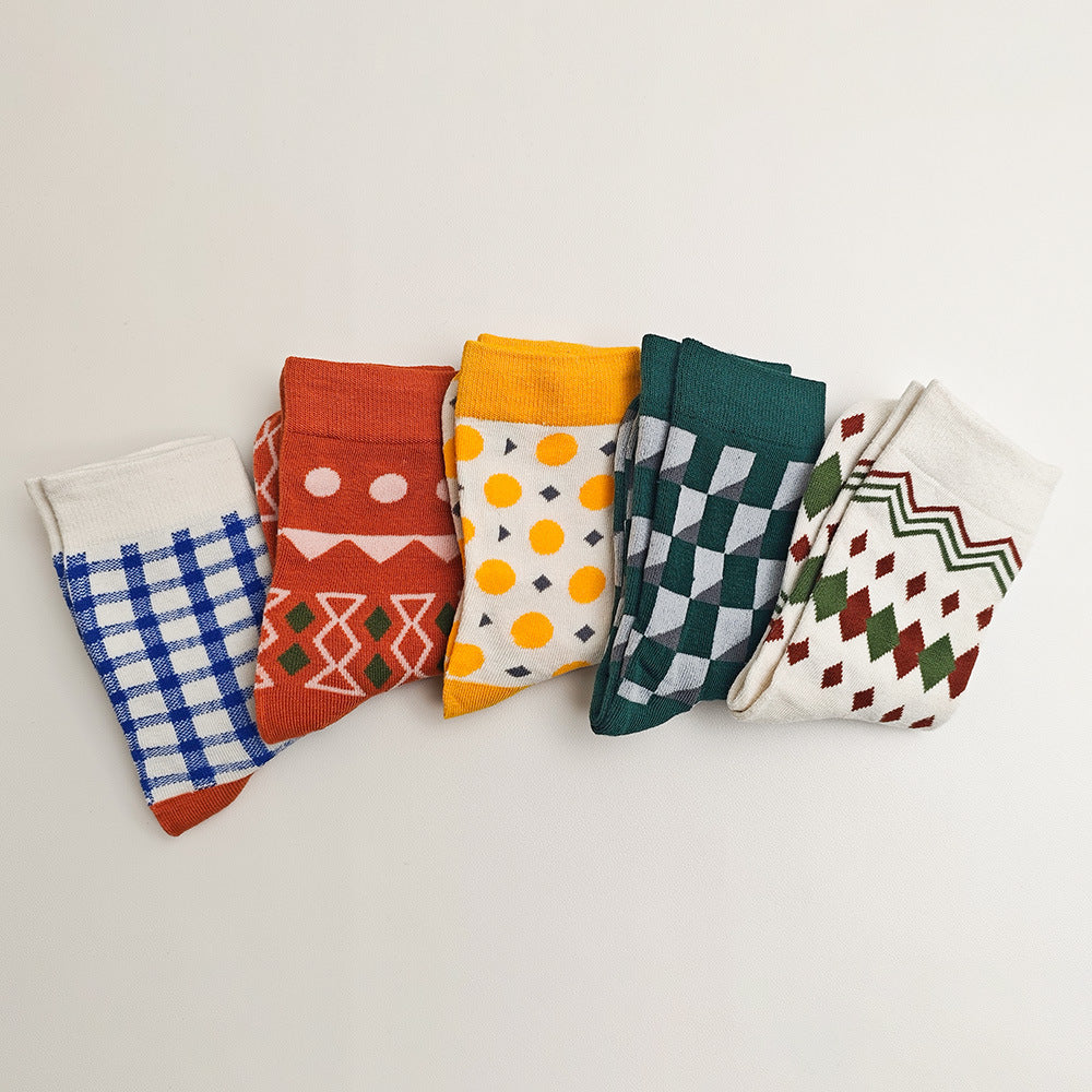 Mixed Geometric Pattern Crew Socks - DkGreen - 2