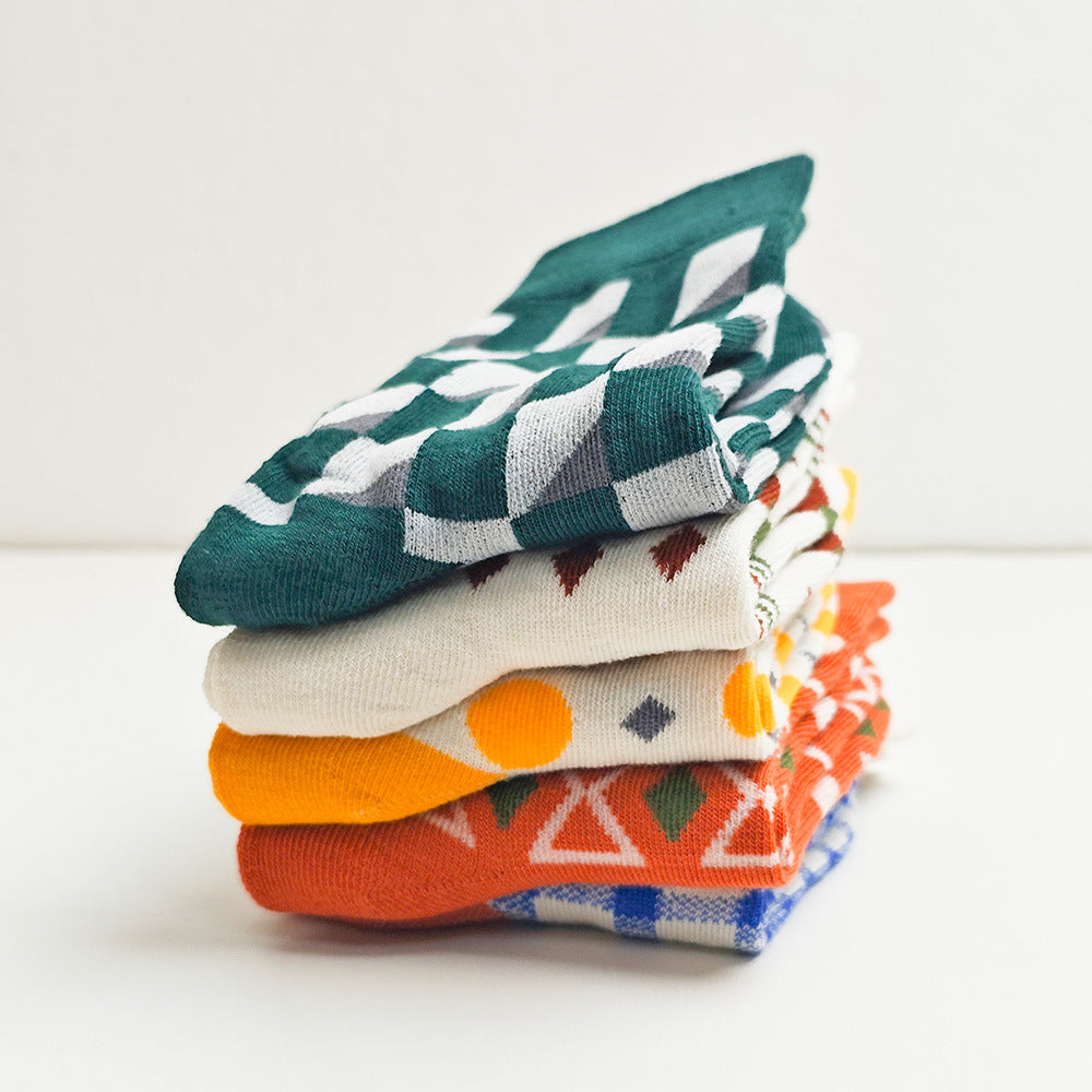 Mixed Geometric Pattern Crew Socks - DkGreen - 3