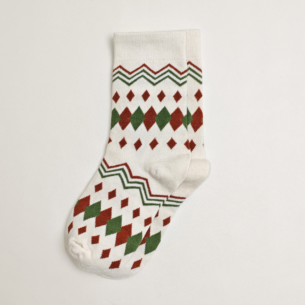 Mixed Geometric Pattern Crew Socks - Khaki