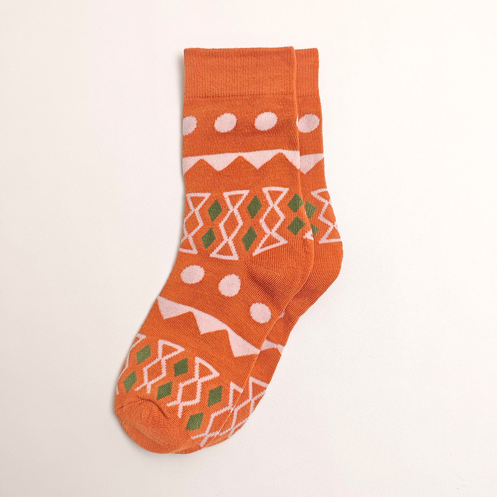 Mixed Geometric Pattern Crew Socks - Orange