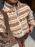 Nordic Fair Isle Fleece Zip Up Jacket - Khaki